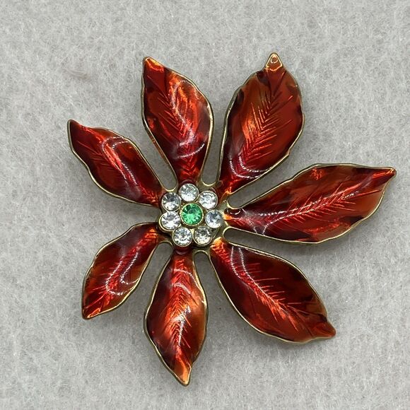 Vtg. Red Poinsettia Flower Brooch Sparklecore Statement MCM - Picture 5 of 7